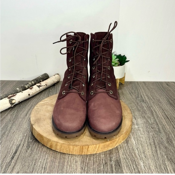 *Timberland | Waterproof Foldover Teddy Fleece Red Leather Suede Bootie Size 9.5 - Picture 5 of 16